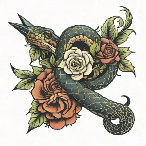 Snake Wrapped Around Knife And Flowers