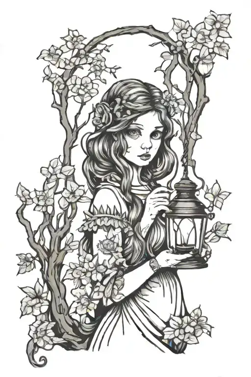 Young Girl In Dark Forest Holding A Lamp