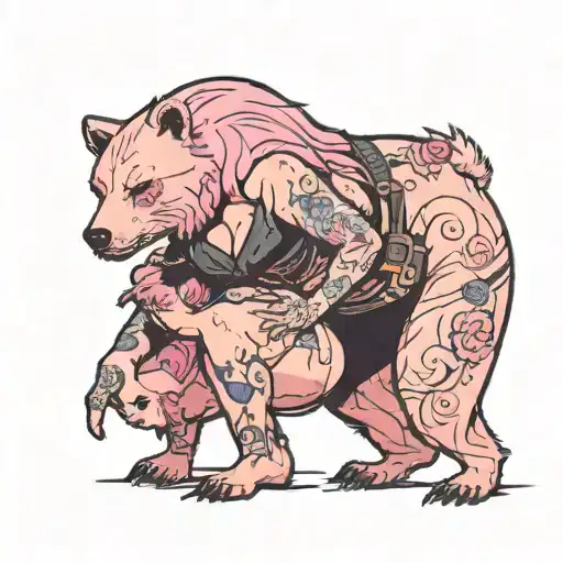 Pink Hair Dominatrix Standing Being Hugged By Grisly Bear