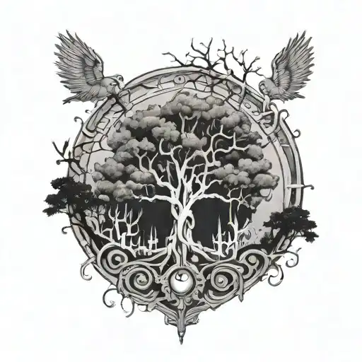 Black Grey Tattoo Design Incorporating Elements Like Trees