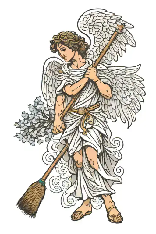 Greek Angel Holding A Broom Sweeping