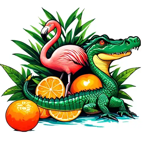 Florida State With A Flamingo An Alligator & Oranges With A Red Heart In The Middle Of The State