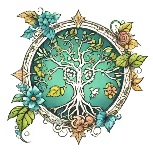 A Stylized Tree Of Life Incorporating Elements Of The Four Seasons