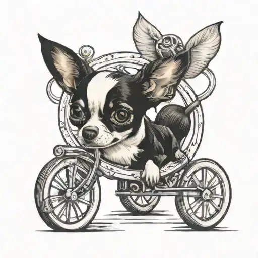 Black And White Chihuahua Girl With Wheels Instead Of Hind Legs