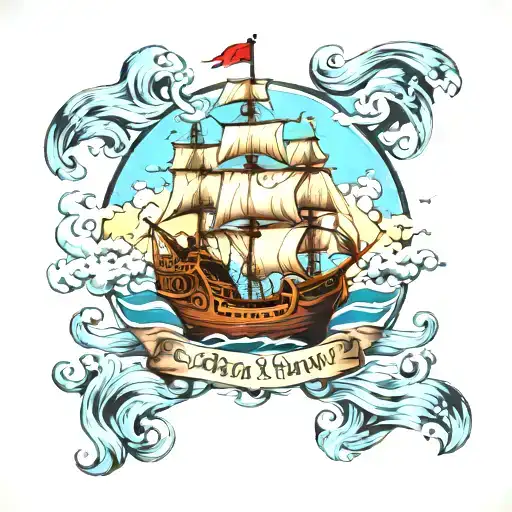 Scroll With Pirate Ship And Castle Surrounded