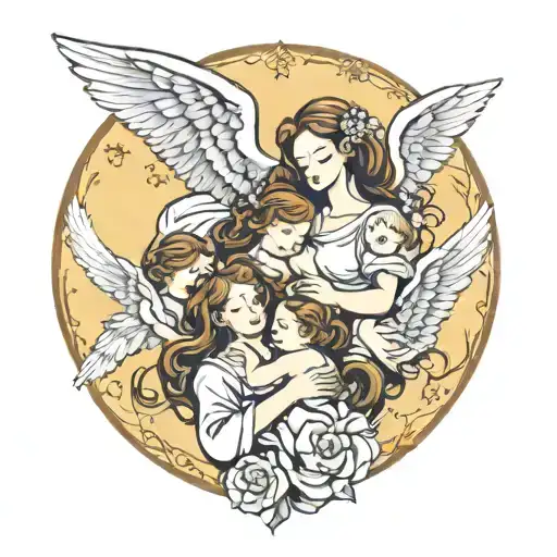 Mother & Daughter Surrounded By 3 Baby Angels Flying