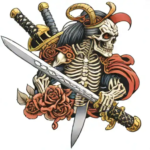 Samurai Sword Tattoo With A Skeleton On The Sheath Of The Sword