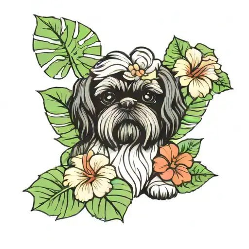 Black Shih Tzu With Monstera Leaves And Hibiscus Flower