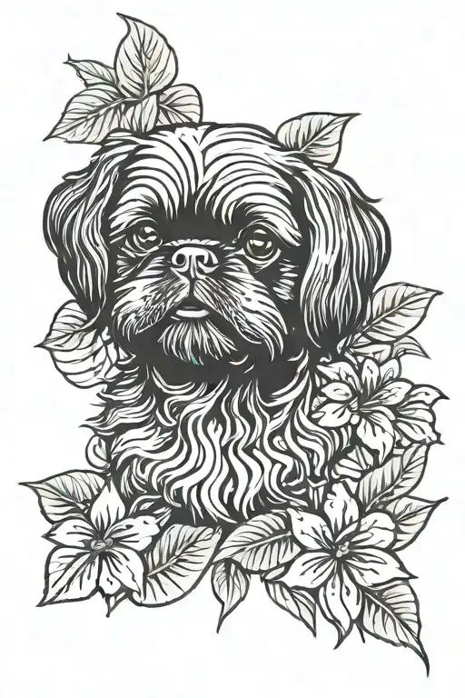 Black Shih Tzu With Monstera Leaves And Hibiscus Flower