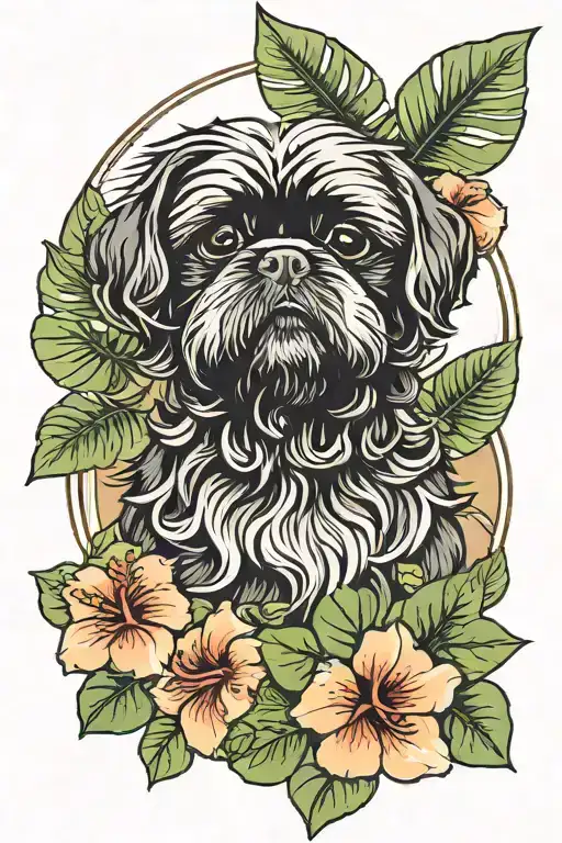 Black Shih Tzu With Monstera And Hibiscus Flower In Background