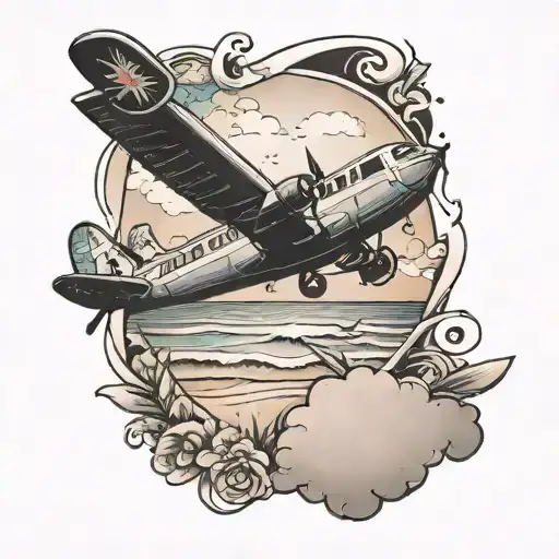 Beach Scene With A Plane Flying In The Background