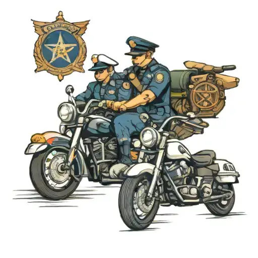 Police And Marine Riding Harleys With Japanese And Masonic Emblem On Motorcycles