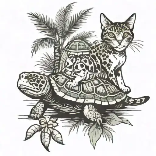 Cat And Dog And Turtle With Palm Tree