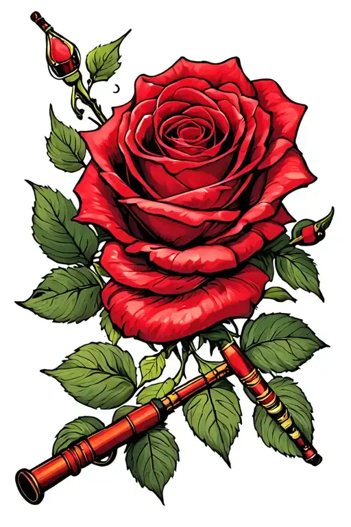 Fishing Pole With A Red Rose Wrapped Around It
