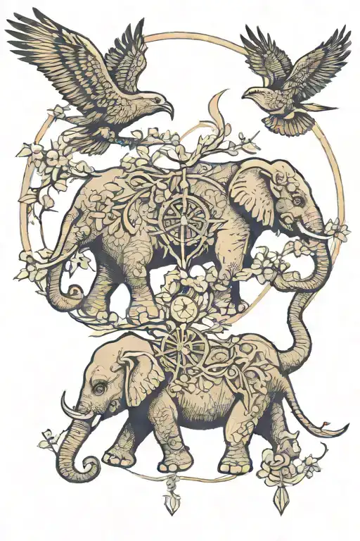 Two Elephants Holding Trunks With A Falcon Flying Over With A Tree And A Compass