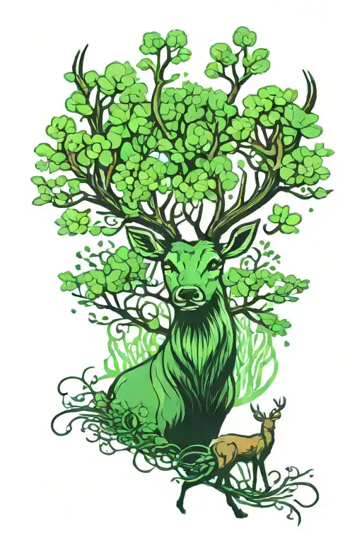 Deer With Antlers Of A Green Tree And A Herd Of Deer