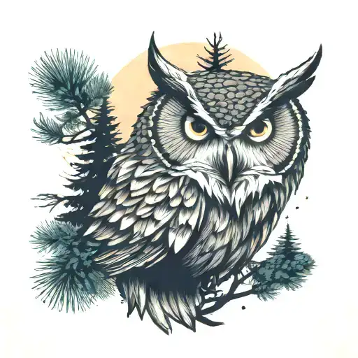 The Face Of An Owl Against The Background Of A Coniferous Forest