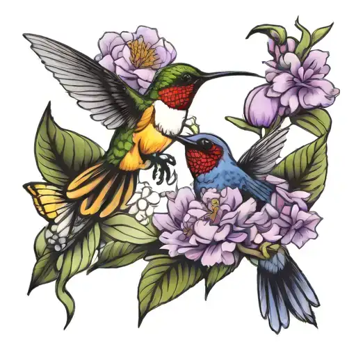 Hummingbird And Bumblebee On Lilac And Peony Flowers