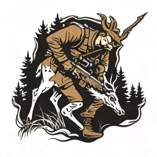 A Hunter Hunting A Deer With A Rifle Seen From The Side