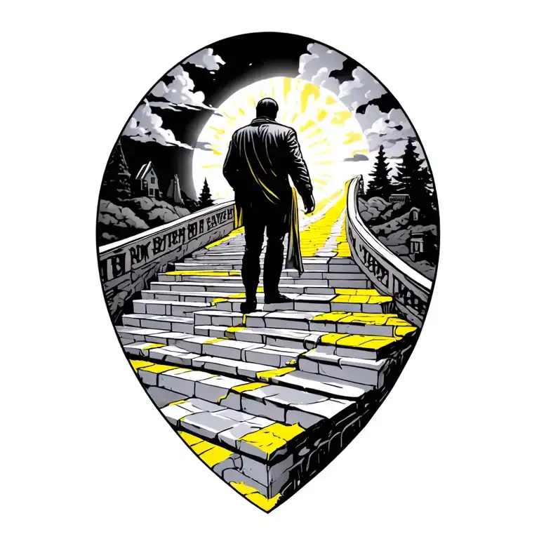 Stairway To Heaven Using The Yellow Brick Road In Bright Yellow With A Silhouette Of A Man