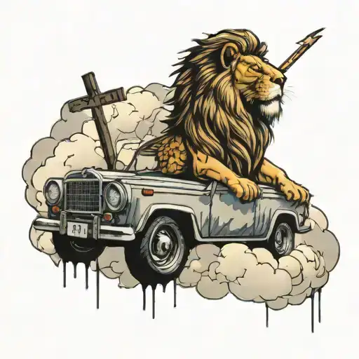 Lion With A Cross And Clouds And Cars And Lightining