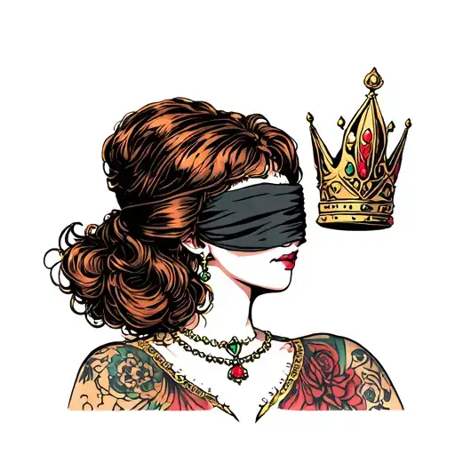 A Blind Queen With Dark Ginger Hair Wearing A Blindfold Covering Her Eyes And A Crown