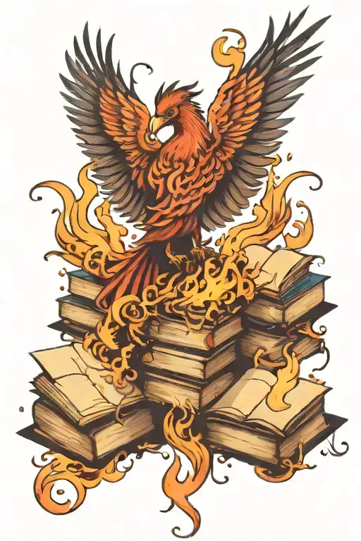 Phoenix And Books Surrounded By Fire