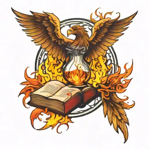 Phoenix And Book Surrounded By Hourglass And Fire Flames