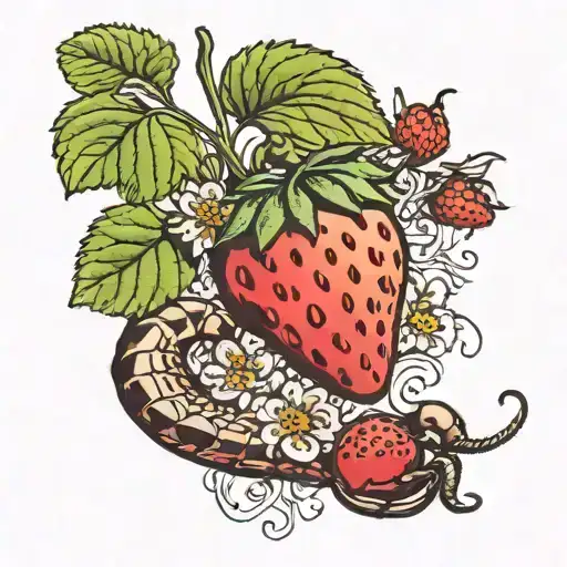 Strawberry With Leaves And Flower On Vine With A Scorpion Disguised As Stem