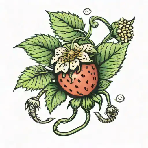 Strawberry With Leaves And Flower On Vine With A Scorpion Disguised As Stem On Top