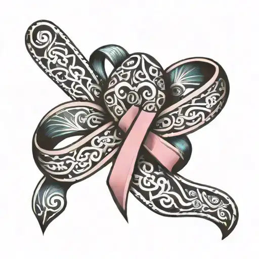 Polynesian Tatto Design With Cancer Ribbon On Hand Hand