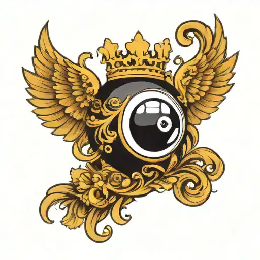A Black Billiard 8 Ball With A Golden Crown With Wings