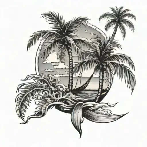 Palms And Sea Black And Grey Tattoo Realism