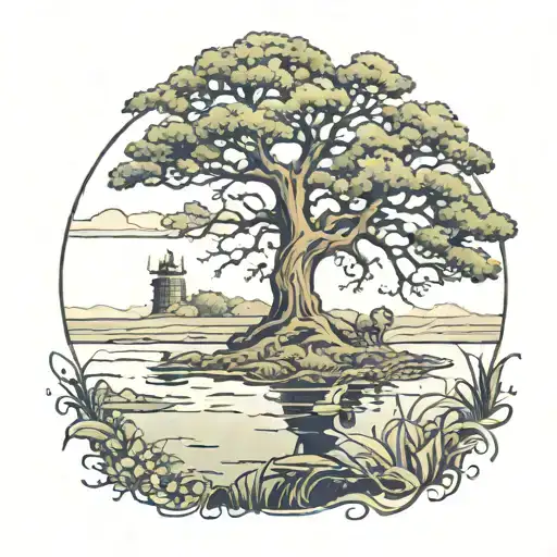 Oak Tree Over Marsh With Two Teen And A Grandpa