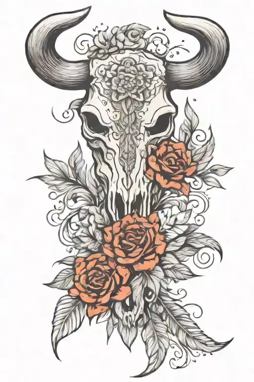 Bull Skull Half Flowers Half Lace And Feathers