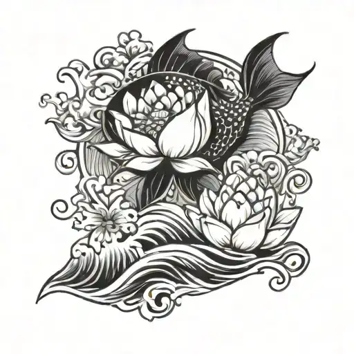 Coi Fish On Waves With Lotus Flower Tattoo Design Combining Elements