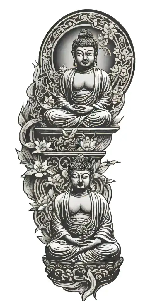 Black Ink Tattoo With Realistic Buddha Sitting Alone