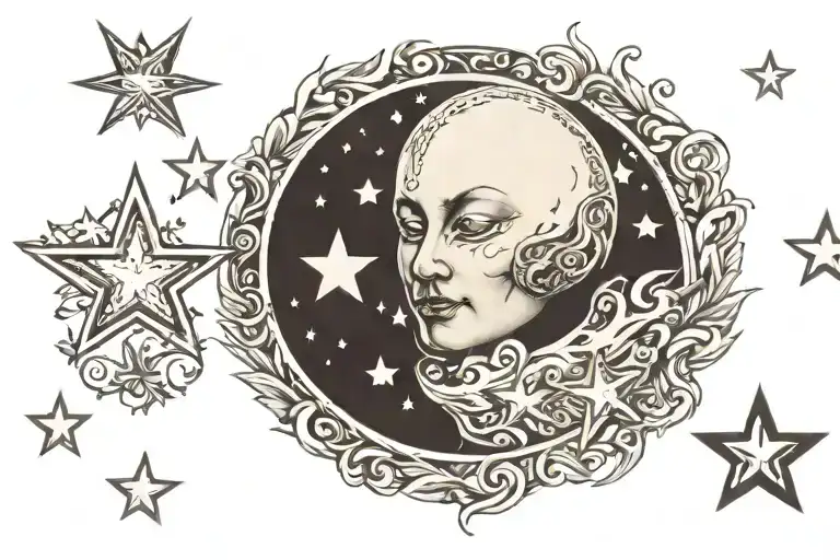 Moon And 4 Unique Stars