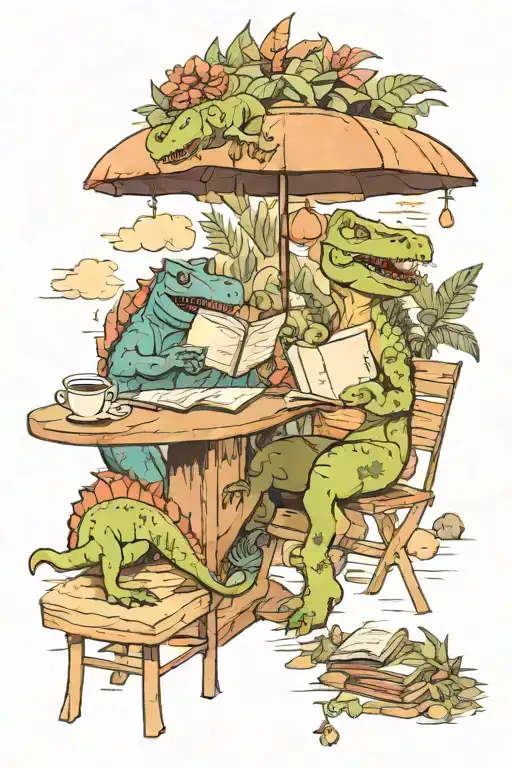 Dinosaurs Reading At An Outdoor Cafe