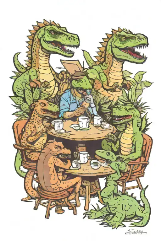 Five Dinosaurs Reading And Drinking Coffee In A Prehistoric Jungle Cafe