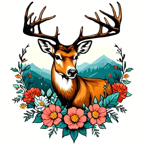 Hunting Deer Scene With Flowers Surrounding