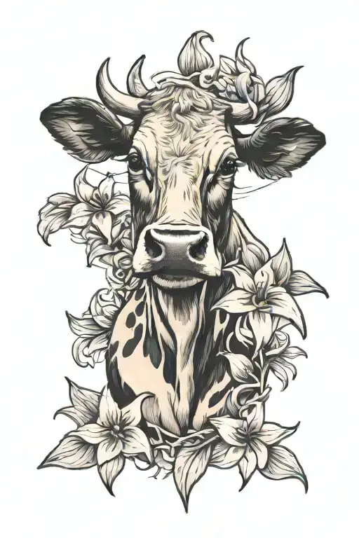 Cow In Black And Violet Lilies