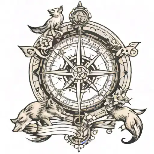 Compass Rose Inside A Compass With Arrow With Ship And A Lone Wolf