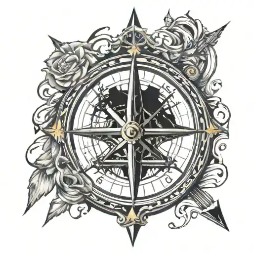 Compass Rose Inside A Compass With Arrow With Ship And A Lone Wolf