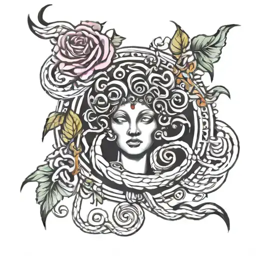 A Medusa Tattoo Incorporated With Fire Rose Unity