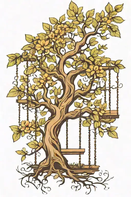 Half Dry Half Leafy Tree With A Swing On Each Side