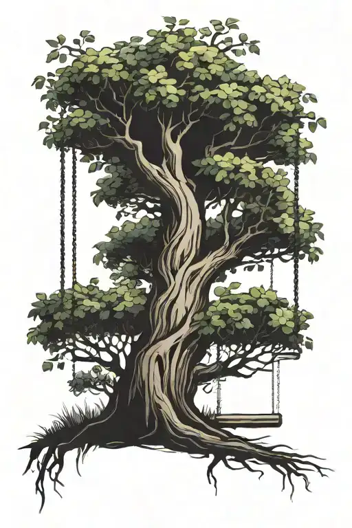 Half Dry Half Leafy Tree With A Swing On Each Side