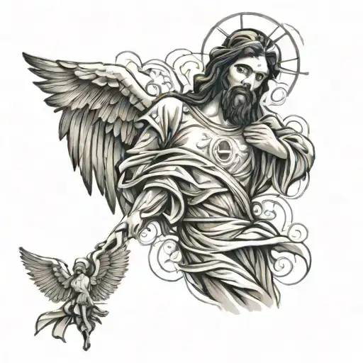 Black And Grey Tattoo Sleeve Of Jesus And Angels