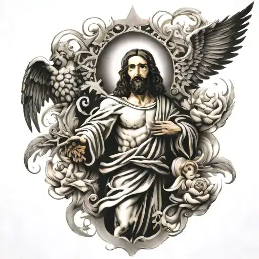 Black And Grey Tattoo Sleeve Of Jesus And Angels
