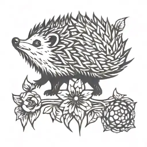 Hedgehog Single Line Tattoo Design Featuring Iconic Symbols